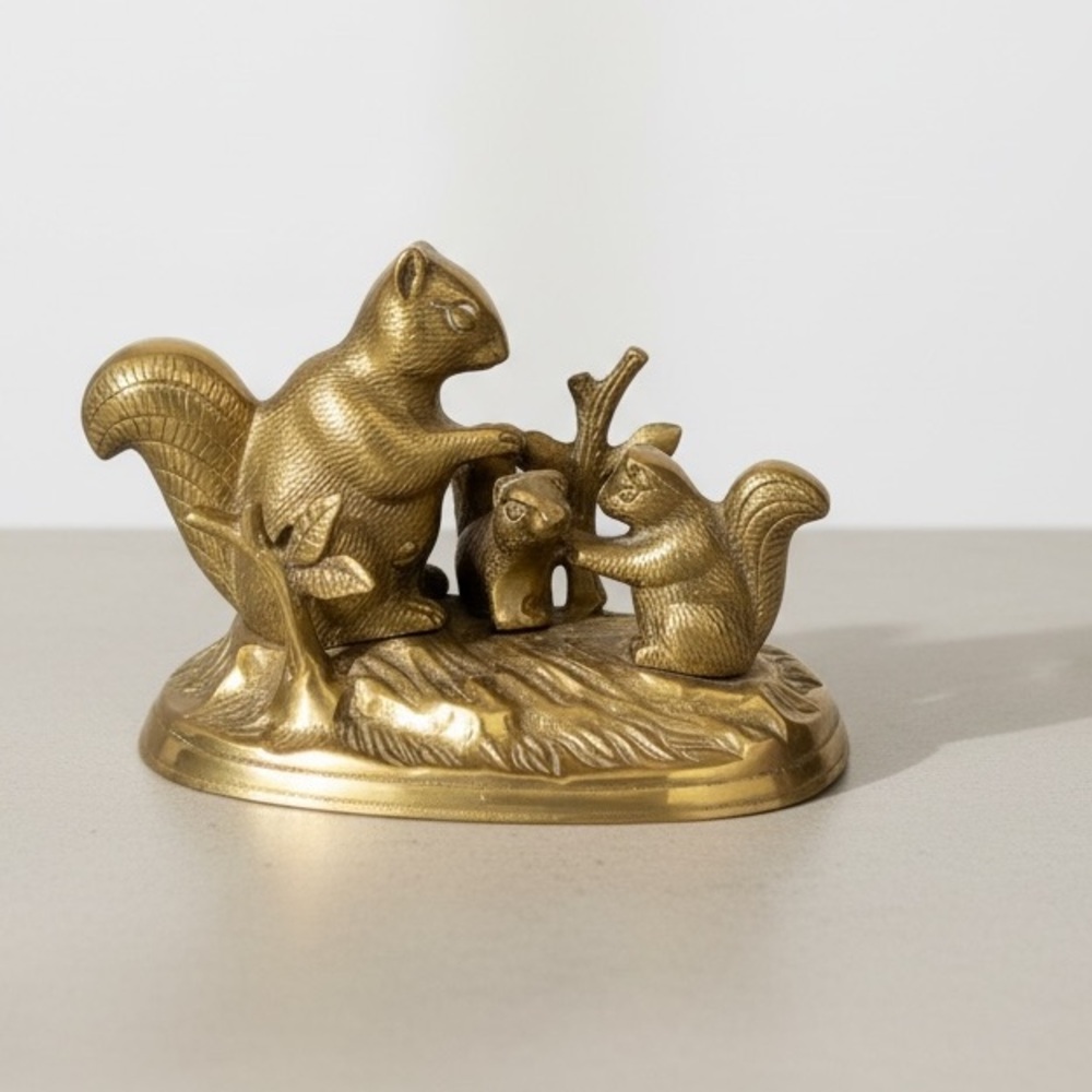 Vintage Solid Brass Squirrel Family Figurine - Made in Korea